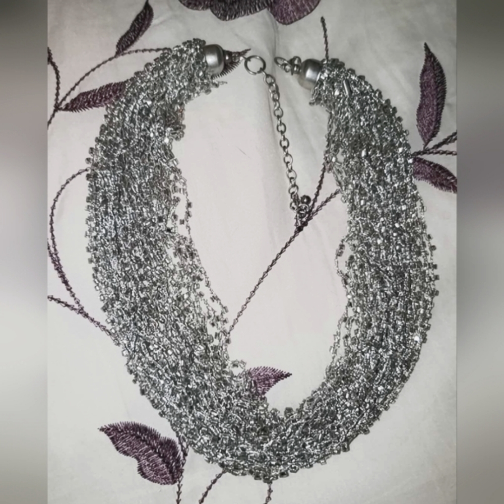 18" Silver Multi Strand Tiny Beads Necklace Choker Collar Statement Jewelry